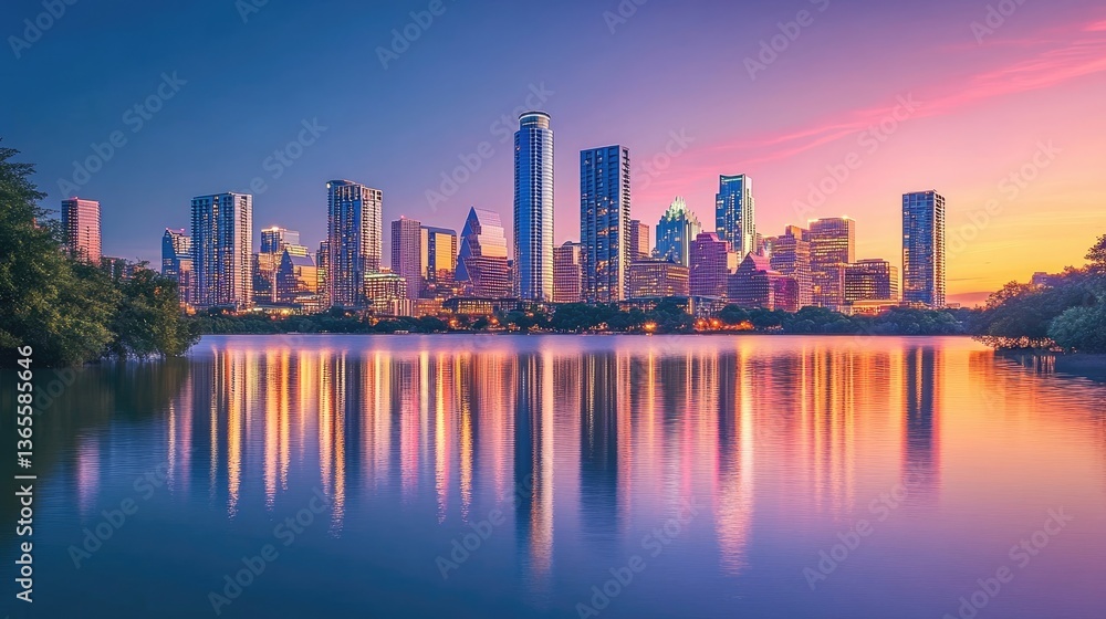 Naklejka premium City skyline at sunset with downtown buildings glowing against the horizon