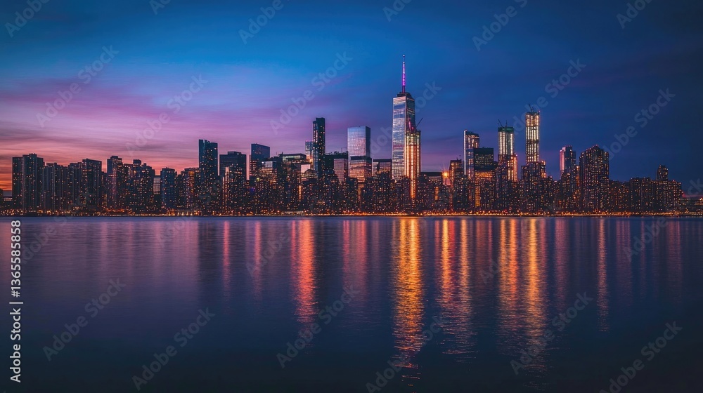 Fototapeta premium City skyline during twilight with illuminated lights on water
