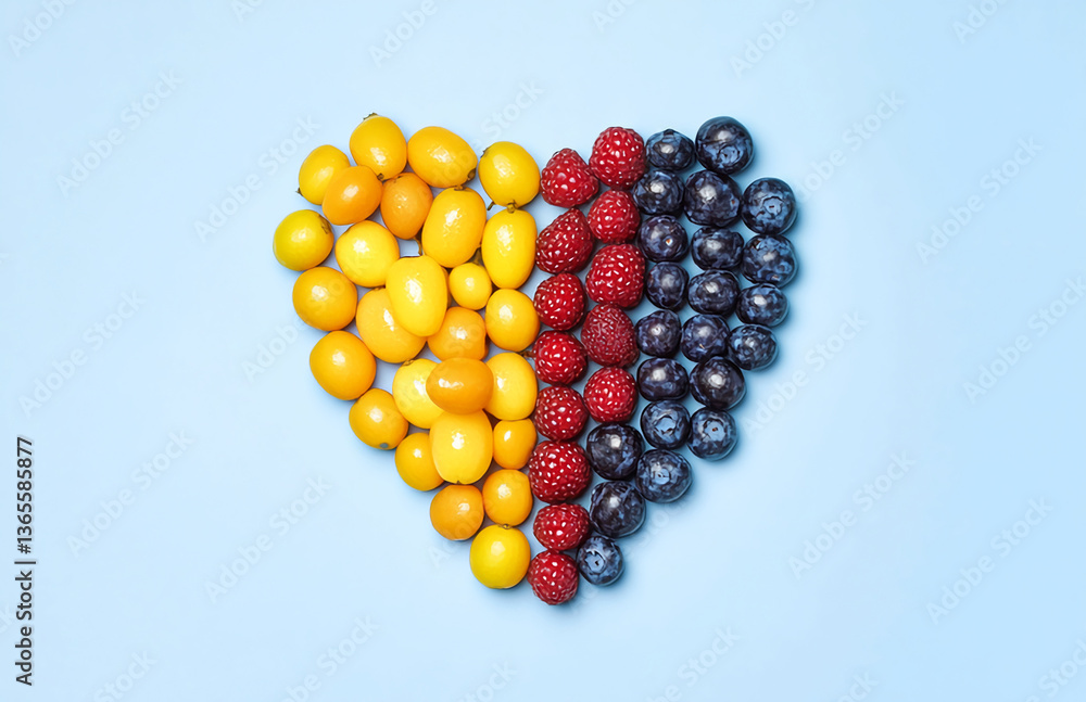 Heart shape made of yellow tomatoes raspberries and blueberries on a light blue background flat lay Heart shape made of yellow tomatoes raspberries and blueberries on a light blue background flat lay