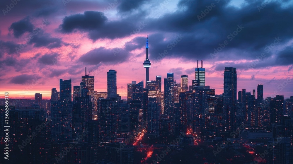 Fototapeta premium City skyline illuminated at dusk with dramatic sky