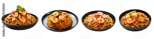 Panel kuchenny z motywem Delicious shrimp fried rice served in black bowls, garnished with fresh herbs.