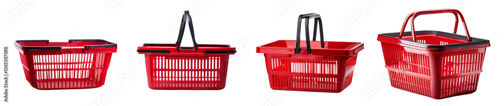 Fototapeta premium A series of red shopping baskets for retail use displayed side by side.