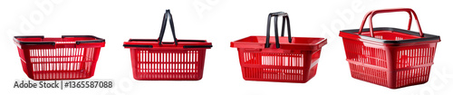 A series of red shopping baskets for retail use displayed side by side.