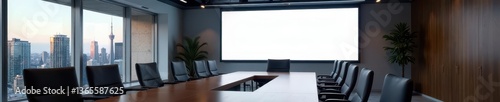 Sleek conference room with blank projection screen, presentation displayed , office, room, projector