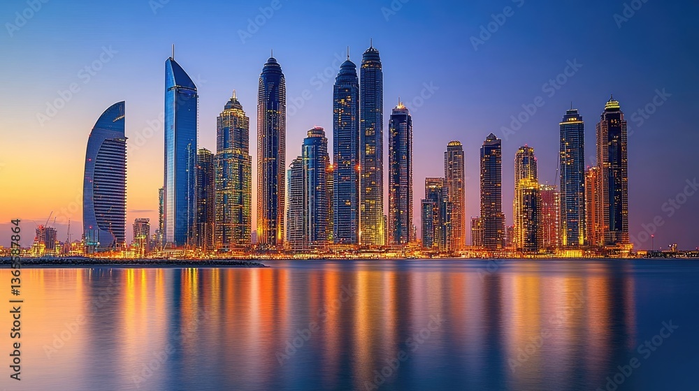 Fototapeta premium City skyline with tall buildings and glowing lights at dusk