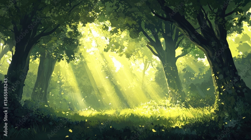 Obraz premium Lush forest with sunlight filtering through vibrant green trees.