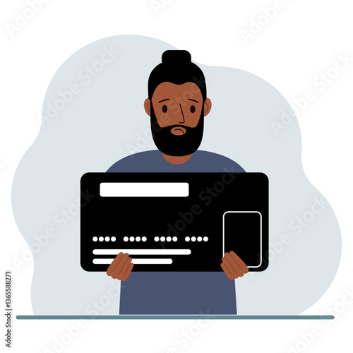 A man holds a large credit card in his hands. Vector flat illustration