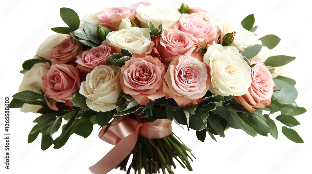Fototapeta premium Elegant Floral Bouquet: A beautifully arranged bouquet of pastel roses and greenery, tied with a soft ribbon, exudes an air of delicate beauty and timeless charm.