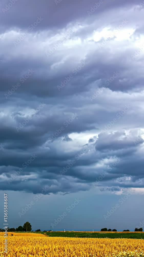 Rolling clouds over a golden field in a timelapse sequence with dramatic atmosphere Rolling clouds over a golden field in a timelapse sequence with dramatic atmosphere
