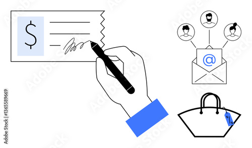 Hand signing a check, email enveloping people, and a shopping bag icon. Ideal for finance, business correspondence, online shopping, communication, transactions, consumerism digital interactions