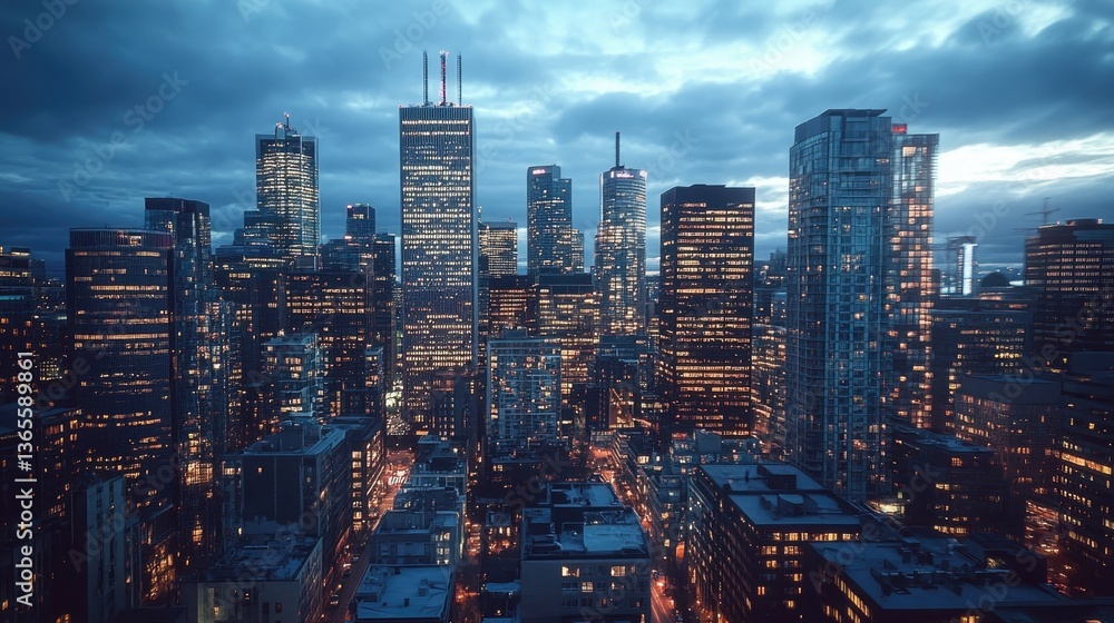 Obraz premium Skyline of a bustling city at dusk with soft lighting and glowing windows