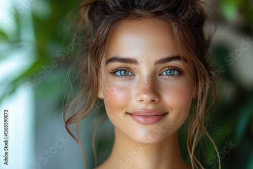 Happy woman enjoying a relaxing moment in a modern spa salon with minimalistic design