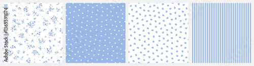 Vector illustration. Set of seamless patterns in white blue tones, ditsy flowers, dots, hearts, stripes. Summer, spring fabric design,  baby design, wrapping paper
