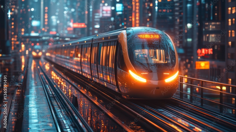 A high speed maglev train glides smoothly along elevated tracks in a vibrant cityscape, surrounded by glowing skyscrapers and reflective surfaces in a nighttime setting. A high speed maglev train glides smoothly along elevated tracks in a vibrant cityscape, surrounded by glowing skyscrapers and reflective surfaces in a nighttime setting.