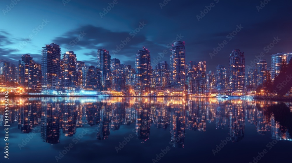 Fototapeta premium Stunning city skyline at dusk with illuminated buildings and water reflections