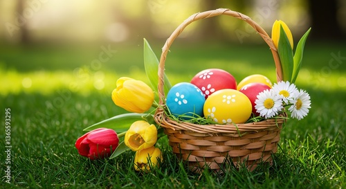 Colorful Easter eggs in a basket with spring flowers on grass  