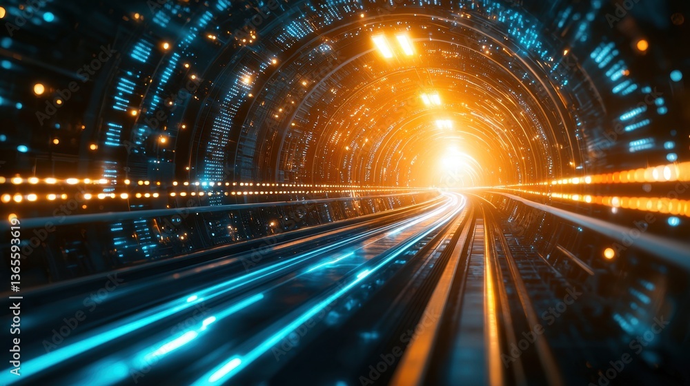 A futuristic tunnel illuminated with glowing lights, leading towards a bright exit, creating a sense of motion and depth.