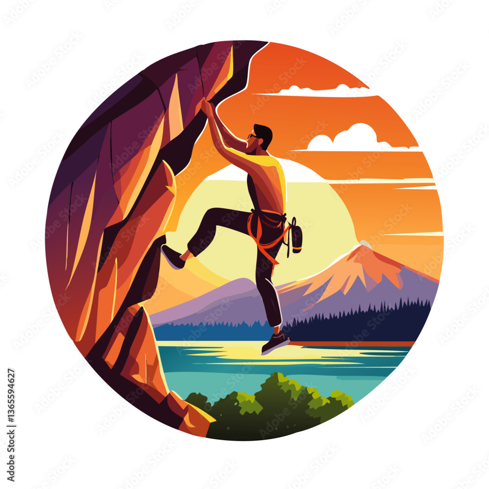 illustration of a man Rock climber scaling cliff sunset vibrant landscape adventure vector icon design