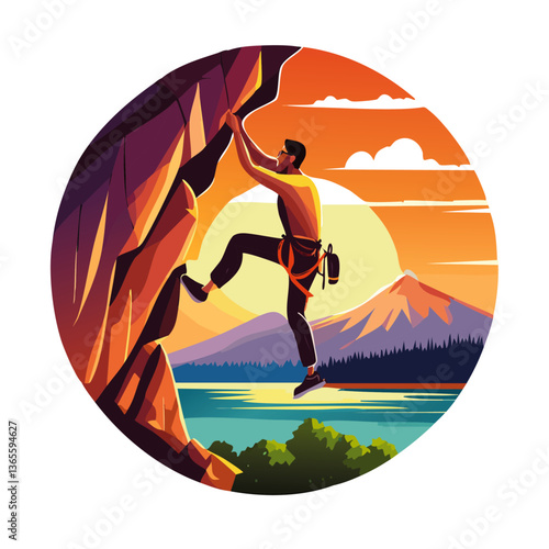 Obraz na płótnie illustration of a man Rock climber scaling cliff sunset vibrant landscape adventure vector icon design w salonie