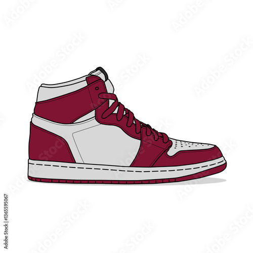 Dark red and gray high-top basketball shoes are isolated on white.