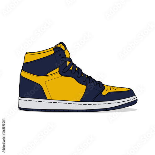 Blue, yellow, and white high-top basketball shoes are isolated on white.
