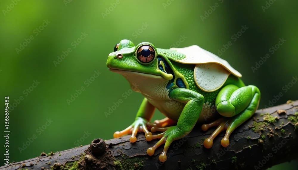 A large frog with a white panel on its back is sitting on a tree branch , frogs, nature A large frog with a white panel on its back is sitting on a tree branch , frogs, nature