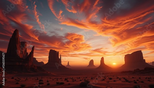 Fiery Sunset over Monument Valley Dramatic Desert Landscape