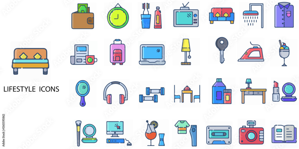 Lifestyle simple concept 24 color icons set. Contains such exercise machine, bike, football, dumbbell, equestrianism, archery .Vector illustration. Lifestyle simple concept 24 color icons set. Contains such exercise machine, bike, football, dumbbell, equestrianism, archery .Vector illustration.