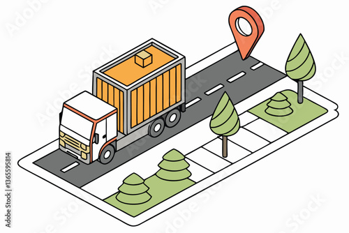 5 Isometric delivery truck, orange cargo container, miniature city road, GPS location pin, stylized trees, 3D illustration, clean design, vibrant colors, logistics concept, transportation graphic, sim