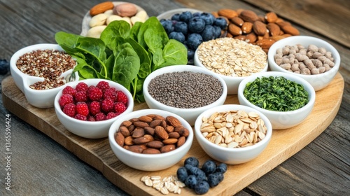 Healthy food bowls nuts seeds berries greens