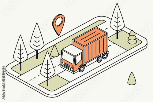 5 Isometric delivery truck, orange cargo container, miniature city road, GPS location pin, stylized trees, 3D illustration, clean design, vibrant colors, logistics concept, transportation graphic, sim