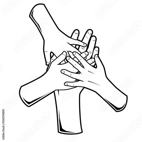 Schwarz-weiße Darstellung von vier übereinandergelegten Händen. Symbol für Zusammenhalt, Vertrauen, Familie, Teamgeist, Hilfe oder soziale Gemeinschaft.
