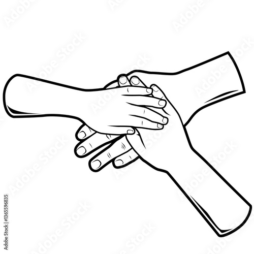 Schwarz-weiße Darstellung von übereinandergelegten Händen als Zeichen von Vertrauen, Zusammenhalt oder Familie. Ideal für Ausmalbilder, Symbolik oder soziale Themen.