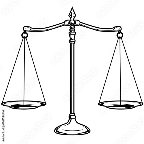 Schwarz-weiße Darstellung einer klassischen Waage. Symbol für Gerechtigkeit, Gleichgewicht, Recht, Entscheidungen, Ausmalbilder, Fairness oder juristische Themen.