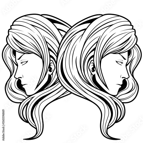 Schwarz-weiße Darstellung zweier weiblicher Gesichter im Spiegelbild. Ideal für Sternzeichen Zwillinge, Symbolik, Dualität, Ausmalbilder, Tattoo-Designs oder Fantasy.