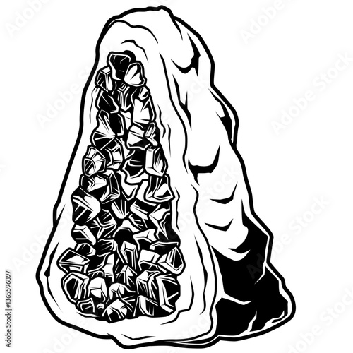 Schwarz-weiße Darstellung einer Amethystdruse mit sichtbaren Kristallen im Inneren. Ideal für Esoterik, Edelsteine, Dekor, Ausmalbilder, Geologie oder spirituelle Motive.