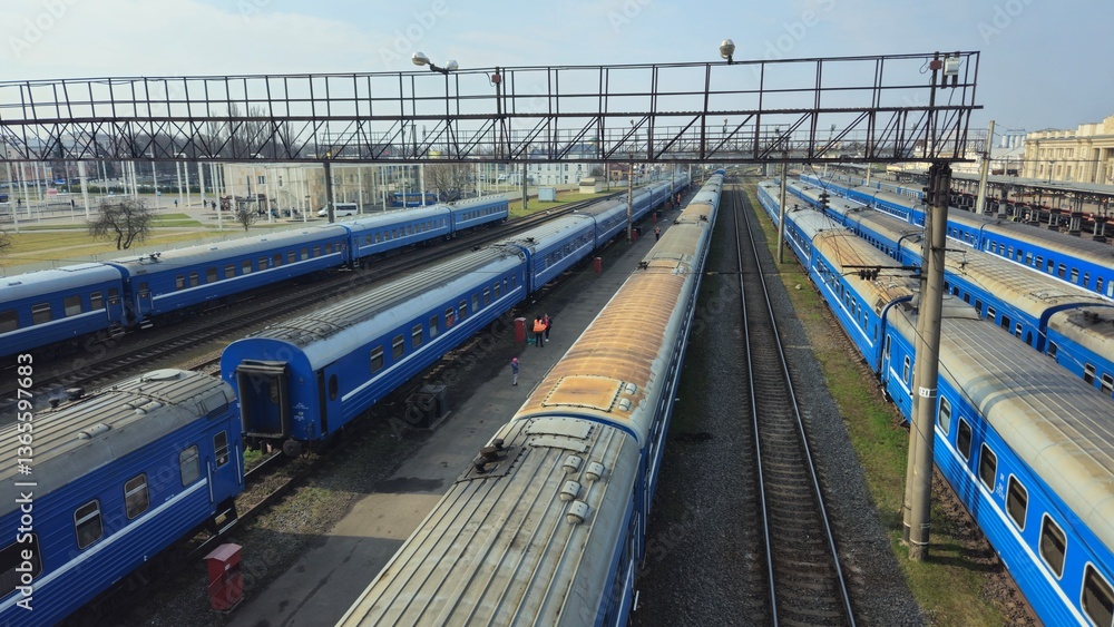Naklejka premium Blue trains parked at a railway yard on a bright day