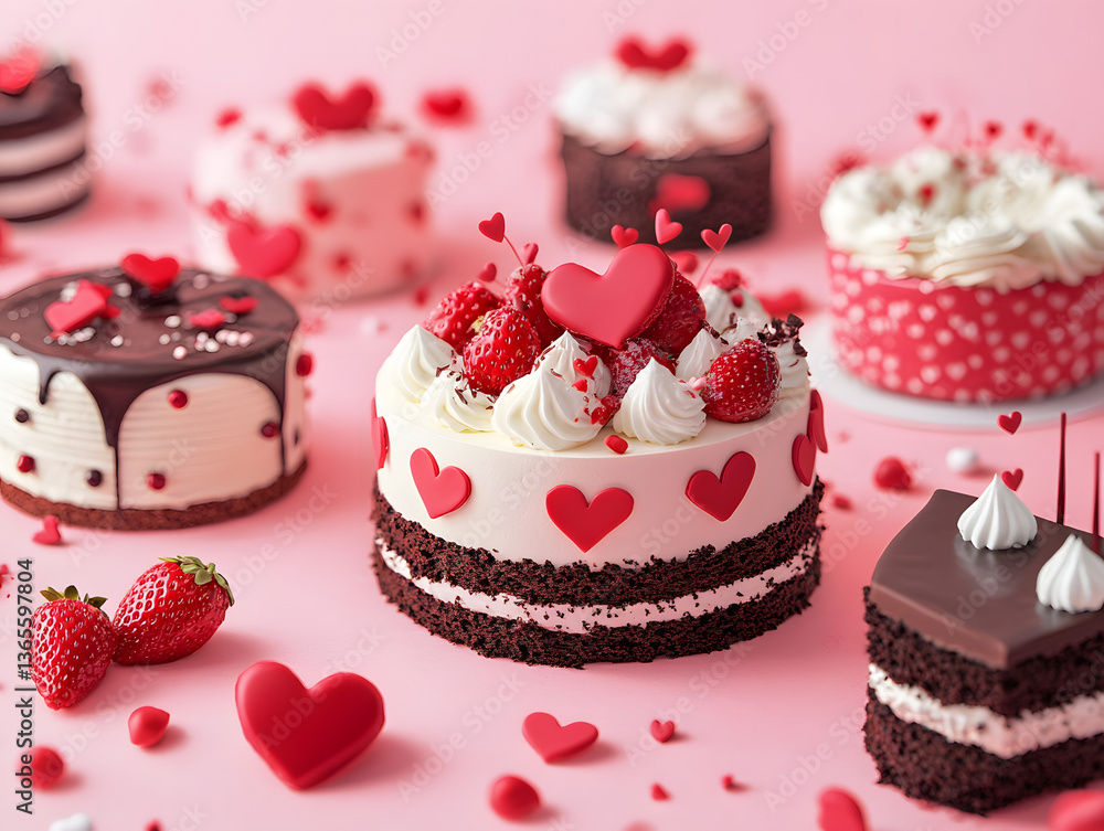 Heart-Themed Cake Display with Red and White Colors on Pink Surface Heart-Themed Cake Display with Red and White Colors on Pink Surface
