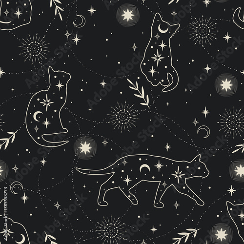 Astrology seamless pattern with magic cats. Stars, sun, plants, crescents on the black background. Magic textile design, fabric, wallpaper. 