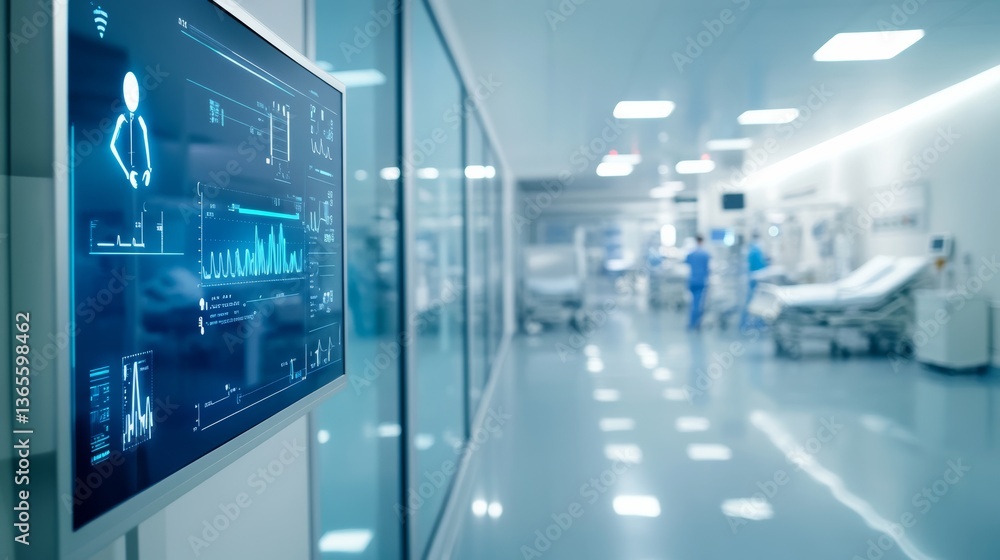 An AI powered smart healthcare system providing real time monitoring of vital signs and emergency care alerts in a futuristic hospital, Medical technology style, photo of An AI powered smart healthcare system providing real time monitoring of vital signs and emergency care alerts in a futuristic hospital, Medical technology style, photo of