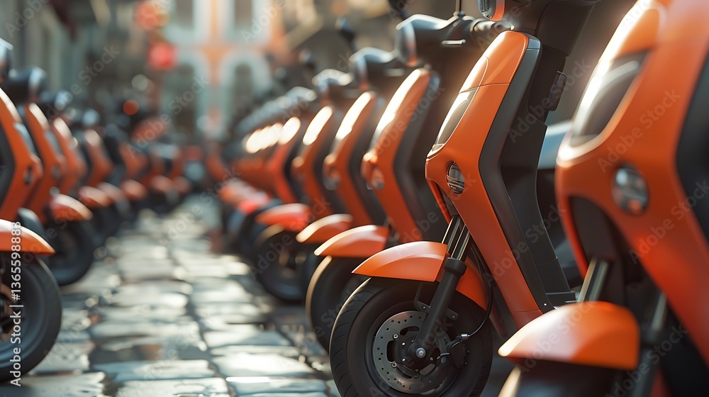 Fototapeta premium Electric scooters parked neatly in a modern city as part of shared mobility.