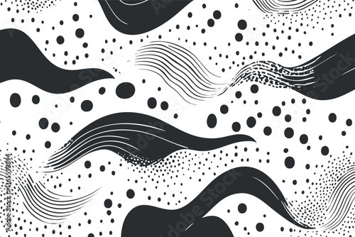 Abstract monochrome pattern with waves, dots, and lines for modern design projects.