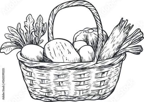 Hand-drawn sketch of a basket filled with vegetables for organic food design.