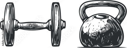 Vintage-style illustration of a dumbbell and kettlebell for fitness and gym themes.