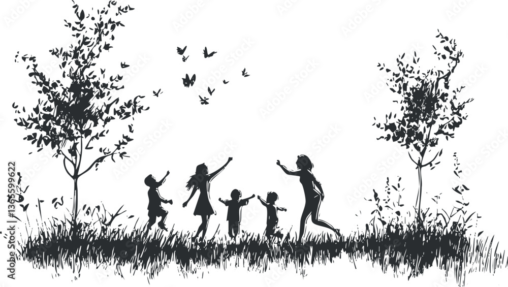 Silhouette of children playing in nature with trees and butterflies, perfect for family themes. Silhouette of children playing in nature with trees and butterflies, perfect for family themes.