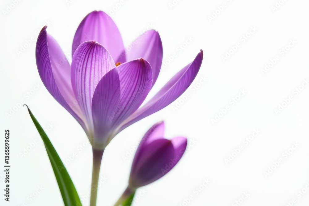 Fototapeta premium Intense purple crocus saffron, pure white backdrop , single, nature, petal