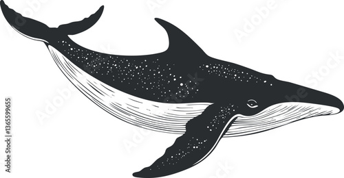 Black and white vector illustration of a whale for ocean-themed designs.