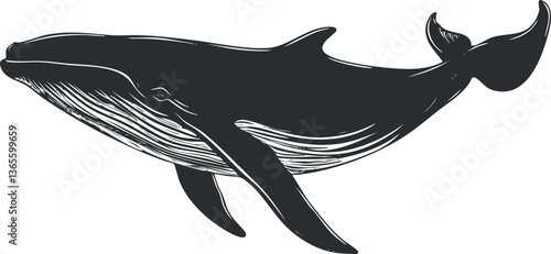 Black and white whale illustration for marine life and wildlife design.