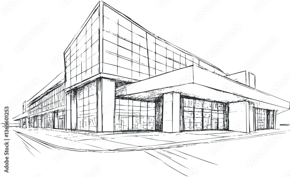 Fototapeta premium Modern architectural sketch of a glass building for design and concept presentations.