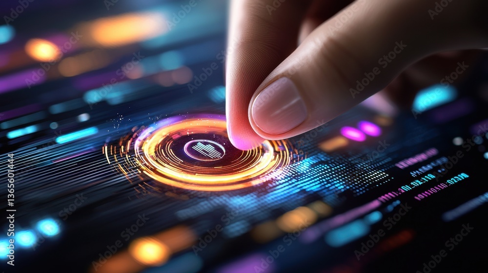 Obraz premium Glowing abstract and futuristic digital technology interface with holographic displays data visualization elements and elements representing market and investment applications